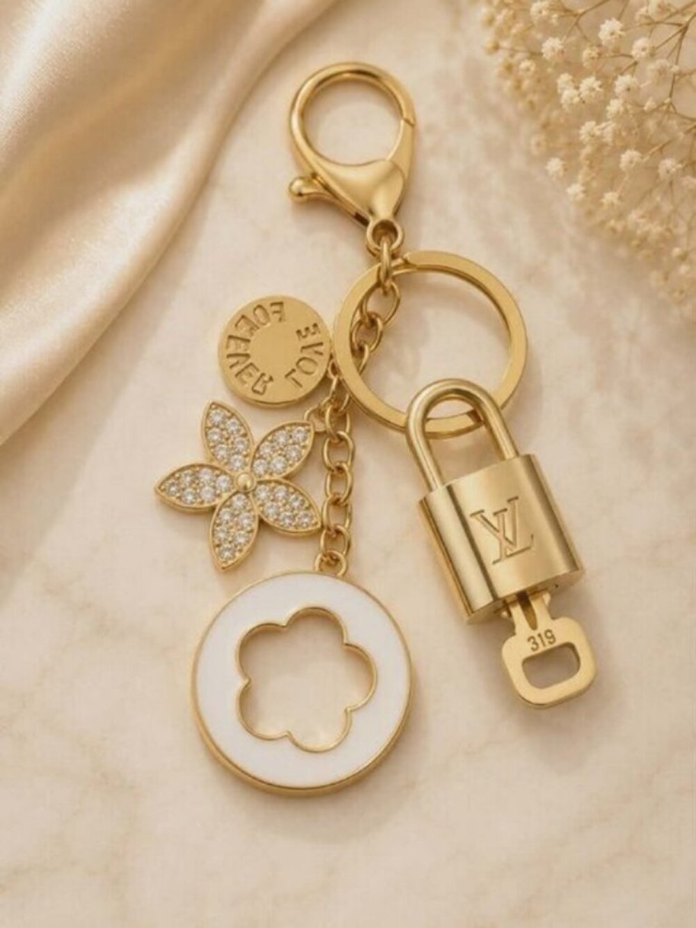 LV Gold Padlock Authentic 🔑 Luxury Bag Charm w/ Unbranded Flower Keychain